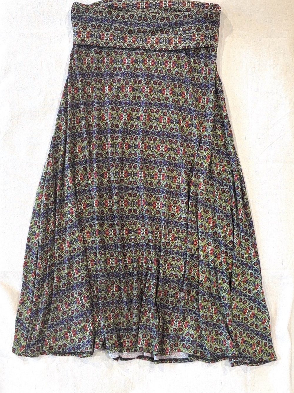 LuLaRoe A-Line Maxi Skirt in Olive, Navy & Red Pattern (F5)